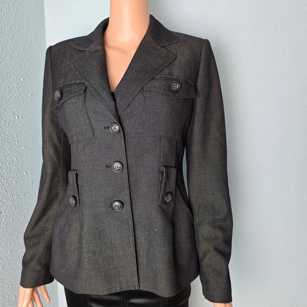 Anne Klein Charcoal Gray Utility Blazer Leopard Lining‎ Shoulder Pads Jacket 6